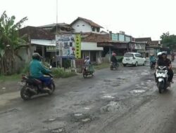 Jalan Tlogowungu Pati Rusak Parah Bikin Truk Muatan Kayu Terguling