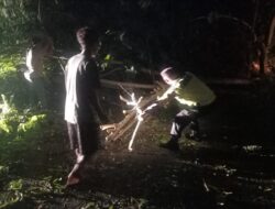 Bersihkan Pohon Tumbang di Jalan, Anggota Polsek Tulis Gotong-Royong Bersama Warga