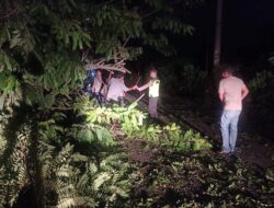Anggota Polsek Tulis dan Warga Gotong-Royong Bersihkan Pohon Tumbang Di Desa Kenconorejo