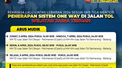 Polda Jawa Tengah Terapkan One Way Arus Mudik Idul Fitri di Jalan Tol, Ini Jadwal Lengkapnya!